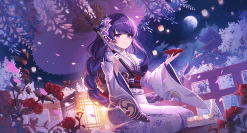 a girl in a kimono holding an umbrella and a cup