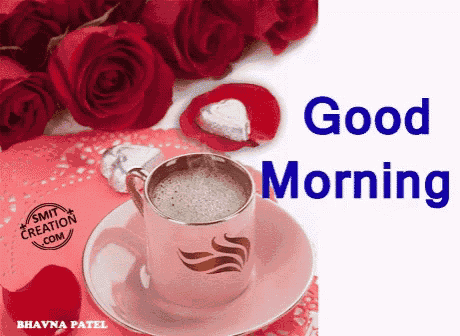 a cup of coffee on a saucer with the words " good morning " on the bottom