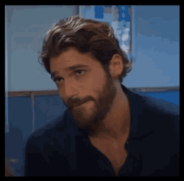 a man with a beard and long hair is wearing a blue shirt and looking at the camera .