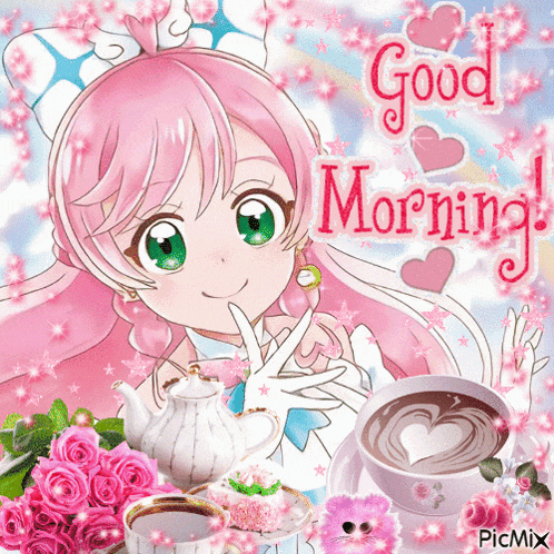 a picture of a girl with pink hair and a cup of coffee with the words good morning