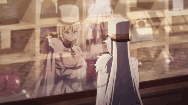 a woman in a top hat looks at her reflection in a glass window