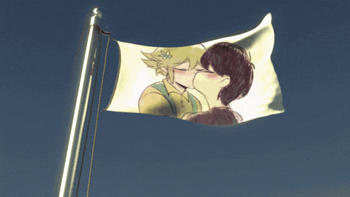 a white flag with a picture of two people kissing on it