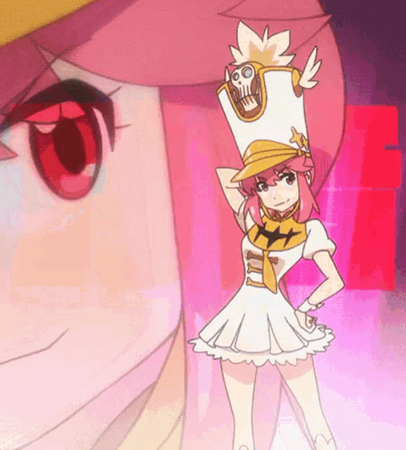 a girl with pink hair is wearing a yellow hat with a skull on it .