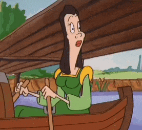 a cartoon of a woman in a green dress rowing a boat