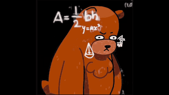 a cartoon bear is sitting in front of a chalkboard with mathematical equations on it