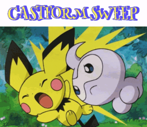 a cartoon drawing of a pikachu and a ghost with the words castform sweep below it