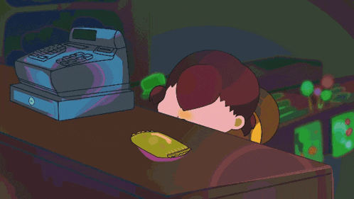 a cartoon of a girl behind a counter with a cash register