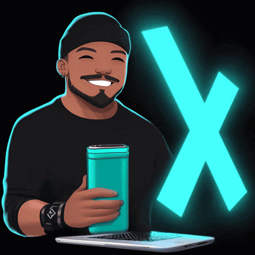 a man is holding a cell phone in front of a large x