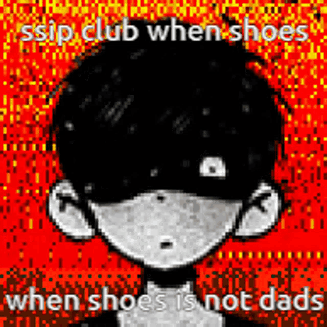 a pixel art of a boy wearing a mask with the words gossip club when shoes when shoes is not dads .