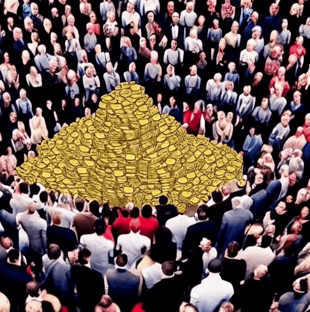 a large crowd of people looking at a pile of gold coins