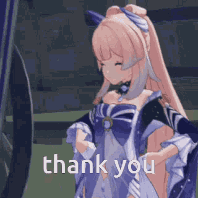 a girl in a purple dress is standing next to a man and says `` thank you '' .