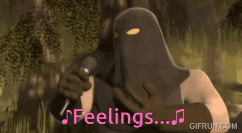 a man in a mask is singing into a microphone with the words feelings written below him