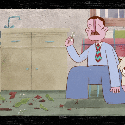a cartoon of a man with a mustache holding a dandelion in his hand