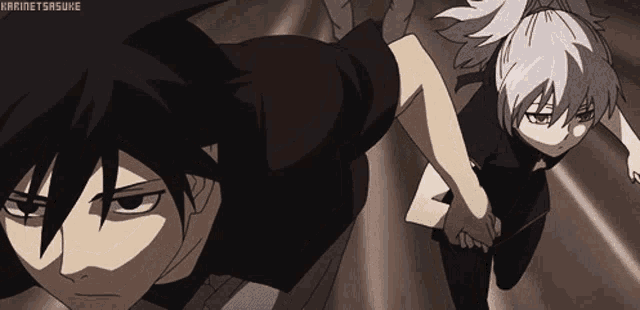 a couple of anime characters holding hands with the name karinetsasuke visible in the corner