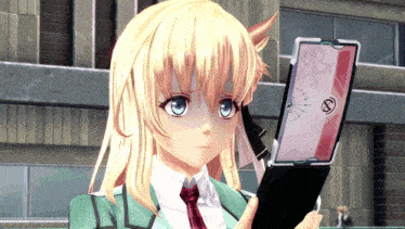 a blonde anime girl is holding a tablet with a red circle on the screen