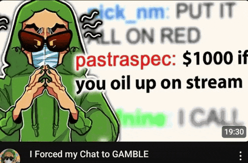 a cartoon of a man wearing a mask and sunglasses says put it all on red pastraspec $ 1000 if you oil up on stream