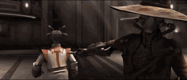 a man in a hat is pointing a red light at another person