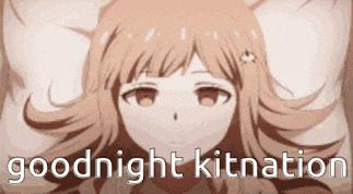 a girl is laying on a pillow with the words goodnight kitnation written below her