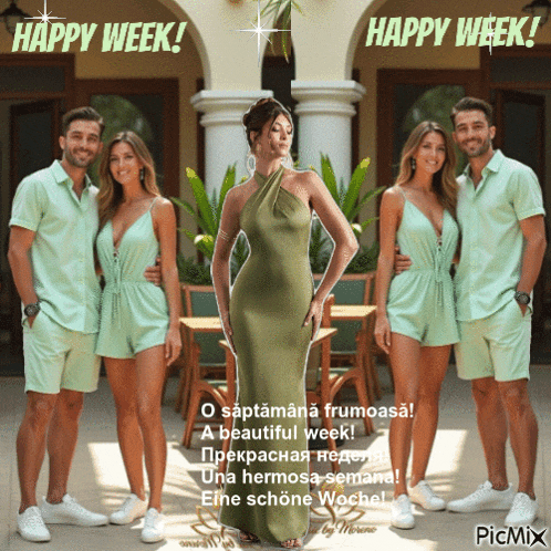a woman in a green dress stands in front of a group of people with the words happy week on the bottom