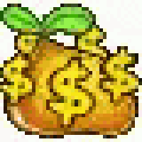 a pixel art illustration of a pumpkin filled with dollar signs and leaves .