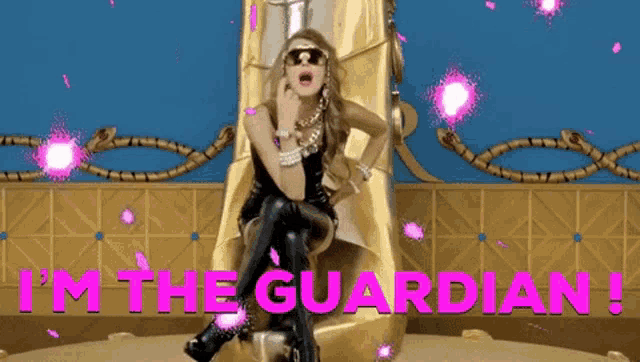a woman is sitting on a throne with the words i 'm the guardian written in pink