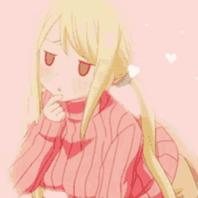 a blonde anime girl in a pink sweater is laying down on a pink surface .