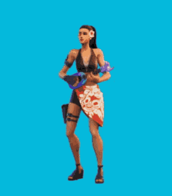 a woman in a bikini is standing in front of a blue background holding a sword .