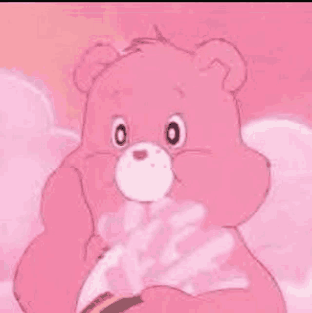 a pink care bear is holding a fan in its paws and looking at the camera .