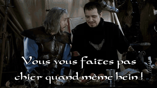 two men are standing next to each other with the words " vous vous faites pas chier quand meme bein "