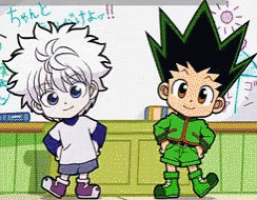 two cartoon characters standing next to each other in front of a white board with chinese writing on it
