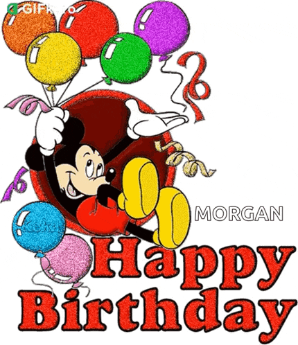 a cartoon of mickey mouse holding balloons says happy birthday