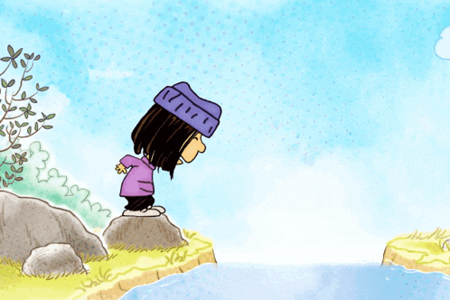 a cartoon drawing of a girl jumping into a body of water