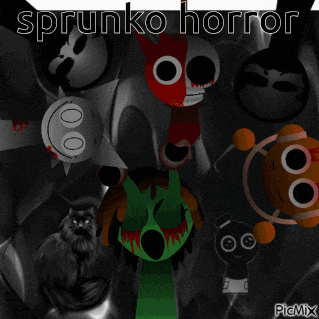 a poster for sprunko horror shows a cat and a bunch of cartoon characters