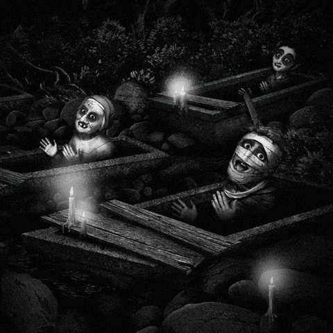 a black and white drawing of a group of people in wooden coffins