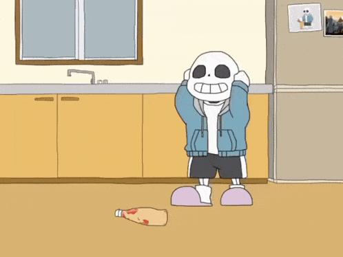 a cartoon character is holding a bottle of ketchup in his hand .