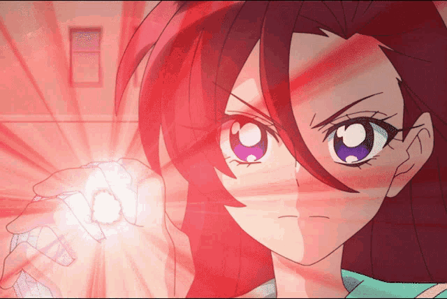 a girl with red hair and purple eyes is holding a glowing object in her hand