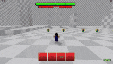 a screenshot of a video game with a character standing in a room with a checkered background .