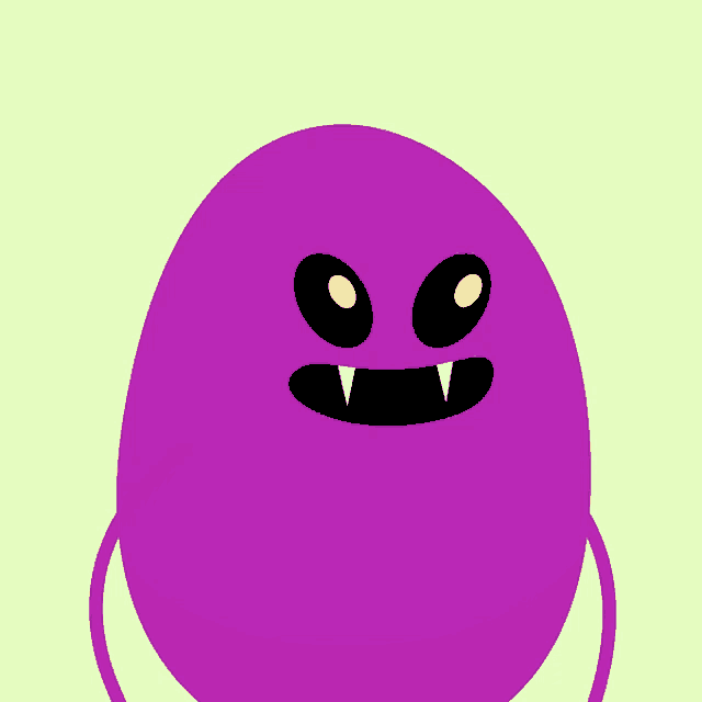 a purple egg with yellow eyes and fangs