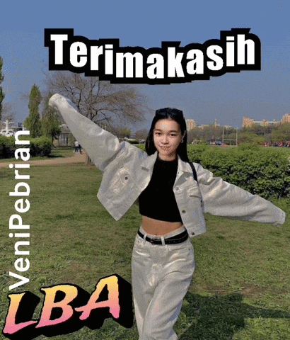 a woman in a white jacket stands in front of a sign that says terimakasih lba on it