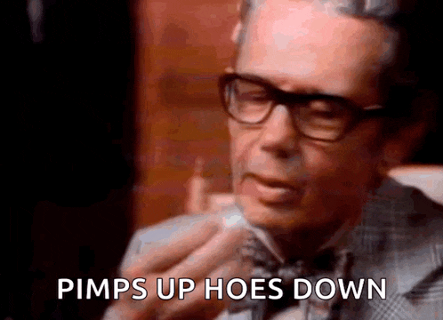 a man wearing glasses and a bow tie is saying pimps up hoes down