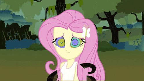 a cartoon girl with pink hair and a flower in her hair