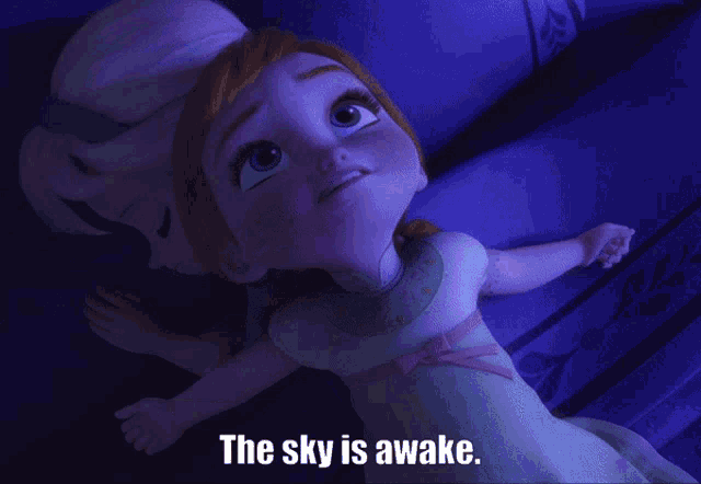 a cartoon of elsa and anna sleeping with the words " the sky is awake " below them