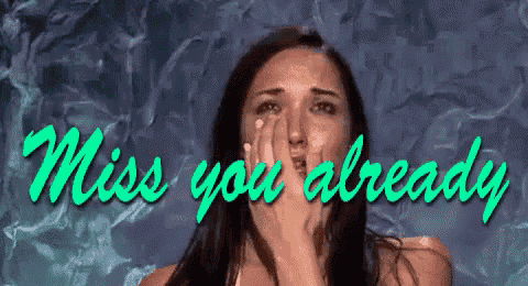 a woman is crying with the words miss you already written above her