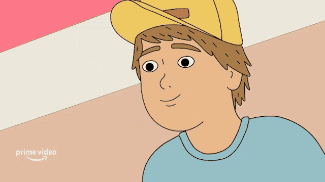 a cartoon of a boy wearing a yellow hat with hearts in his eyes and the words prime video below him