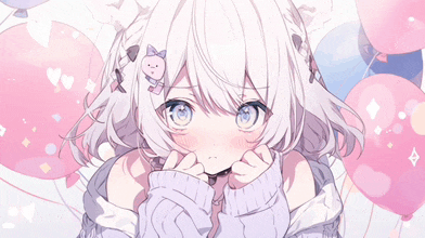 a cute anime girl with white hair and blue eyes is surrounded by pink balloons
