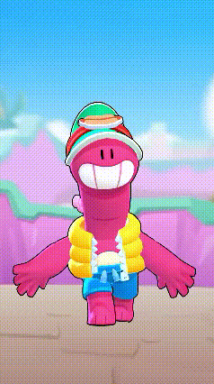 a pink cartoon character wearing a hat and life preserver is standing on a wall .