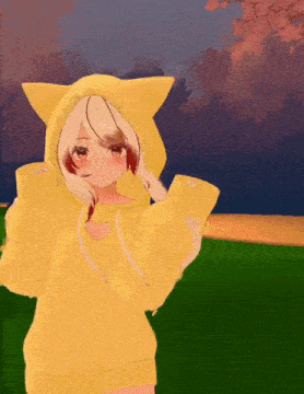 a girl in a yellow hoodie with cat ears is standing in a field