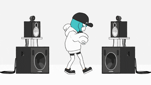 a cartoon of a girl dancing in front of speakers with the number 8 on them