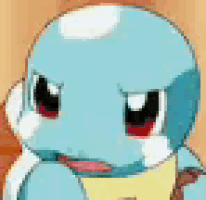 a close up of a cartoon squirtle looking at the camera with a sad look on his face .