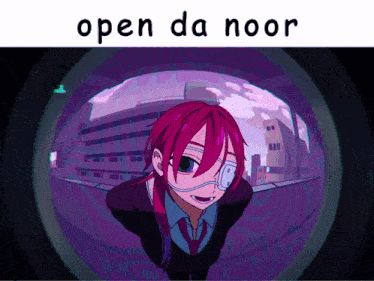 a picture of a girl with red hair and the words open da noor above her